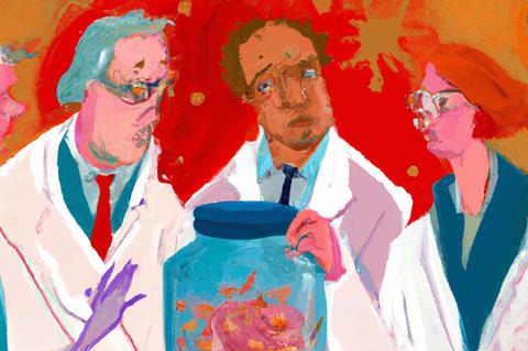 DALL·E 2022-09-08 08.49.42 - people in lab coats opening a jar of viruses in a laboratory, modern art, award winning art