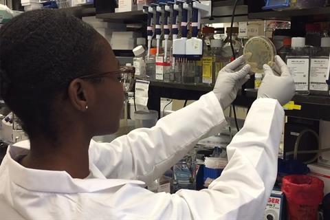 Scientist examines COVID-19 vaccine agar plate