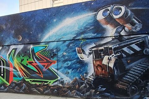 Wall-e_graffiti_on_hoardings_at_the_former_Civic_Centre,_Plymouth,_Devon_-_November_2023_(2)